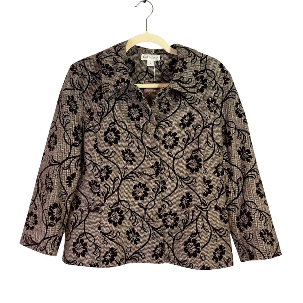 NWT Fair Indigo Black Floral Patterned Women's Beige Jacket Size 8 C2
